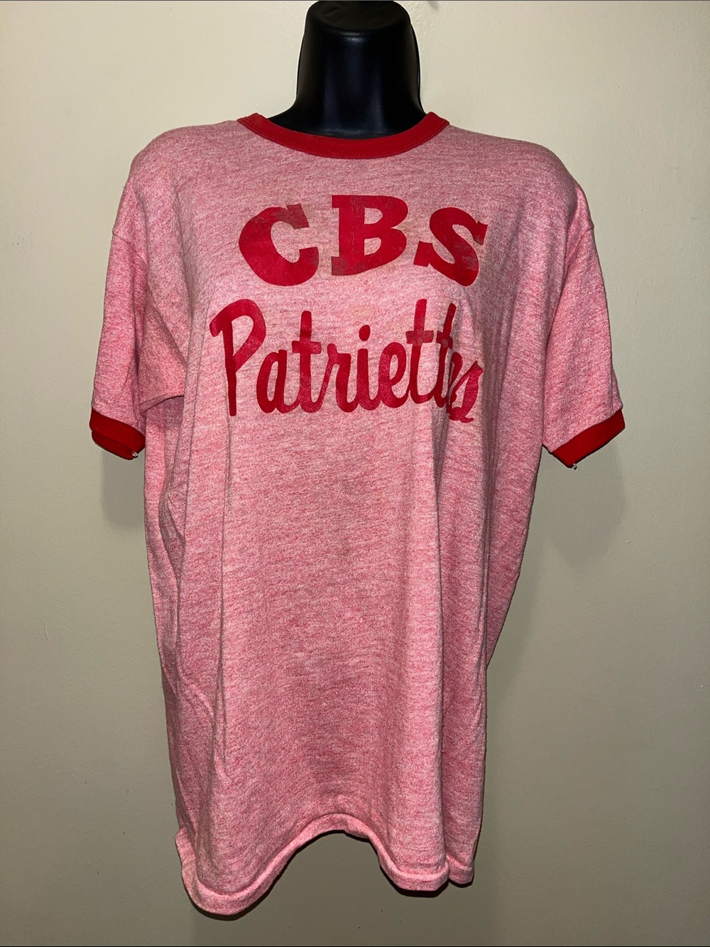 VTG 70s Russell Athletic CBS PATRIETTES Red Tri-Blend Rayon Ringer T-Shirt L